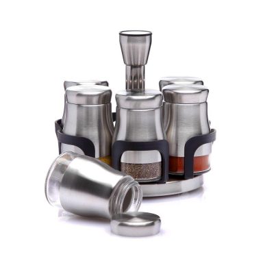 Set de 6 Especieros de Vidrio con Base Giratoria de Acero Inoxidable