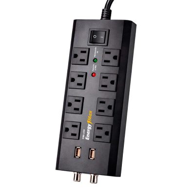 Protector de Sobretensiones con 8 Salidas CA, Coaxial y 2 USB en Color Negro
