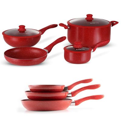 Batería de Cocina Verona 7 Piezas con Set de Sartenes de Aluminio y Mármol Color Rojo