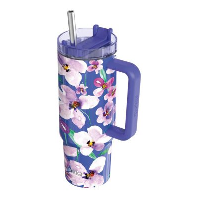 Vaso Térmico de Acero Inoxidable de 950 mL con Asa y Pajilla Estampado Floral Azul