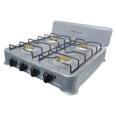 Estufa de Mesa de Gas con 4 Hornillas y Cubierta Metálica Plateada