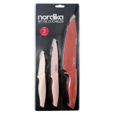 Set de 3 Cuchillos de Acero Inoxidable con Revestimiento Antiadherente Colores Rojo y Rosado