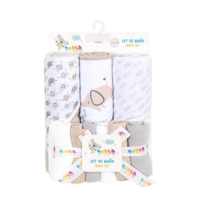 Set de Toalla para Bebé con Capucha y Paños Faciales Diseño de Elefantes de 9 Piezas Color Beige