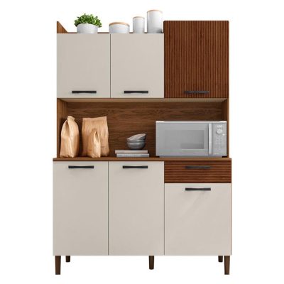 Cocina Genova con 6 Puertas y 1 Gaveta 121.5 x 36 x 176 Cm Color Blanco y Nogal