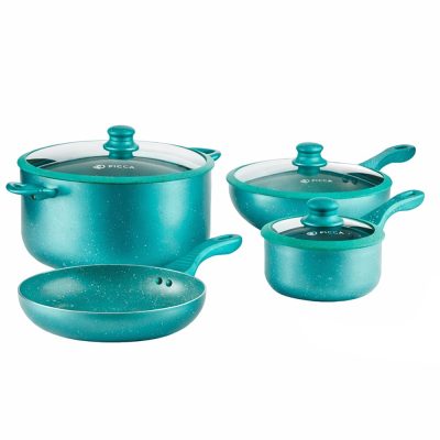 Batería de Cocina Verona de 7 Piezas de Mármol Verde Turquesa con Tapas de Vidrio