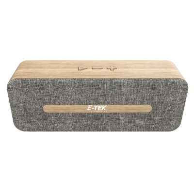 Bocina Bluetooth Portátil de 3W con Diseño en Tela y Madera, Batería Recargable y Botones de Control Beige y Gris