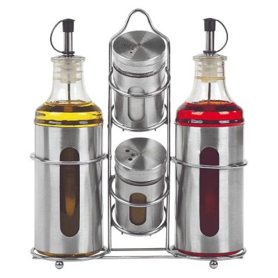 Set de Especieros con Base de Acero Inoxidable para Aceite, Vinagre, Sal y Pimienta