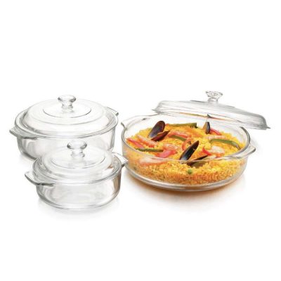 Set de 3 Cacerolas de Vidrio con Tapadera Color Transparente