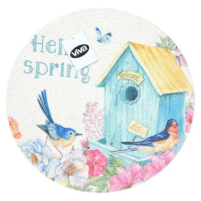 Individual Redondo de Poliéster Primavera para Mesa de 38 cm "Hello Spring" Blanco y Azul