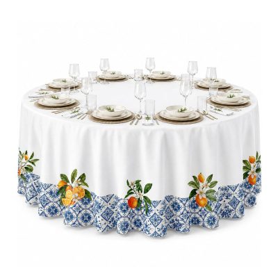 Mantel Redondo con Diseño Mosaico para Comedor de 240 cm Azul y Naranja