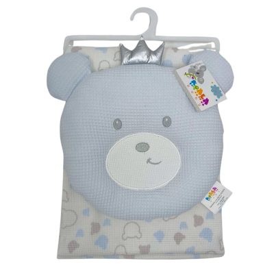 Set de Frazada y Soporte de Cabeza en Forma de Oso para Bebé de Algodón Color Celeste