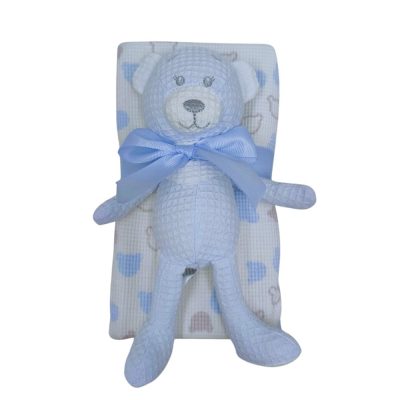 Set de Frazada y Peluche de Oso para Bebé Diseño de Puntitos de 2 Piezas de Algodón Color Celeste