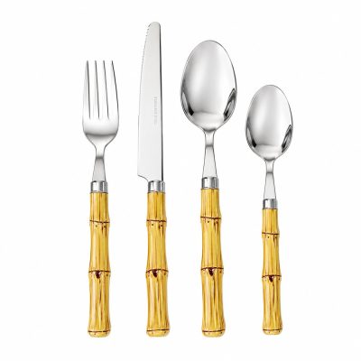 Set de 16 Cubiertos de Acero Inoxidable con Mango Diseño de Bambú
