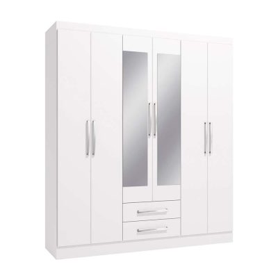Armario Lory 160 x 45 x 184 cm con 6 Puertas, 2 Gavetas y Espejos Color Blanco