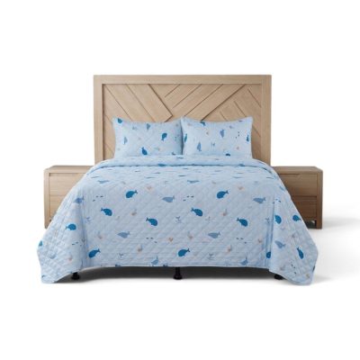 Set de Cubrecama Pinsonic de Microfibra Diseño Moby de Ballenas Celeste con Acabado Texturizado - Varios Tamaños