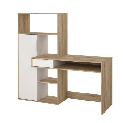 Escritorio con Gabinete y Librera Color Blanco y Café Claro 163.1 x 60.4 x 155.4 Cm