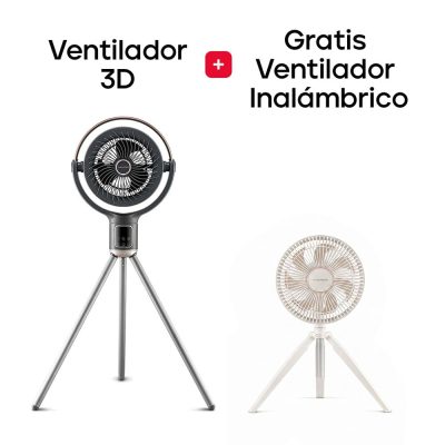 Combo de Ventilador 3D con Cabezal Giratorio + Ventilador Inalámbrico Recargable