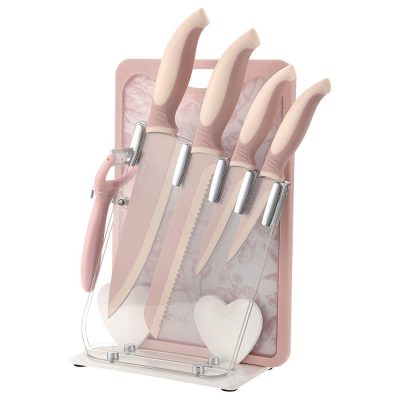 Set de 4 Cuchillos con Tabla para Picar, Pelador y Base de Acrílico Color Rosado