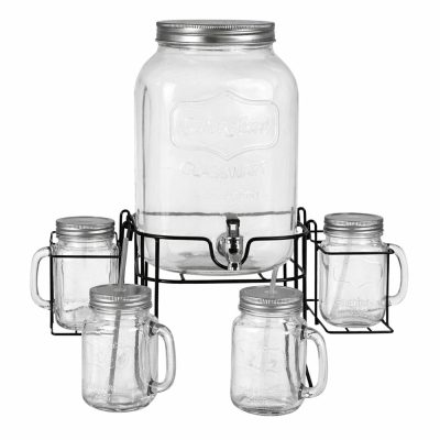 Dispensador de Bebidas de Vidrio de 8 L con Base Metálica y 4 Vasos