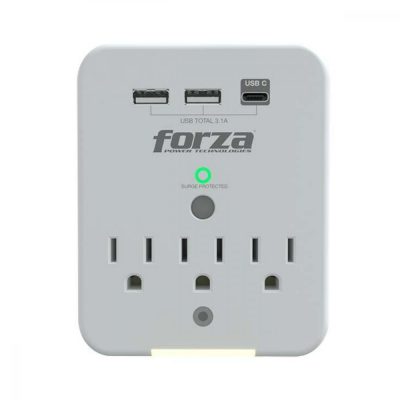 Protector de Voltaje de 3 Entradas + 2 USB Blanca Tipo A + 1 USB Tipo C